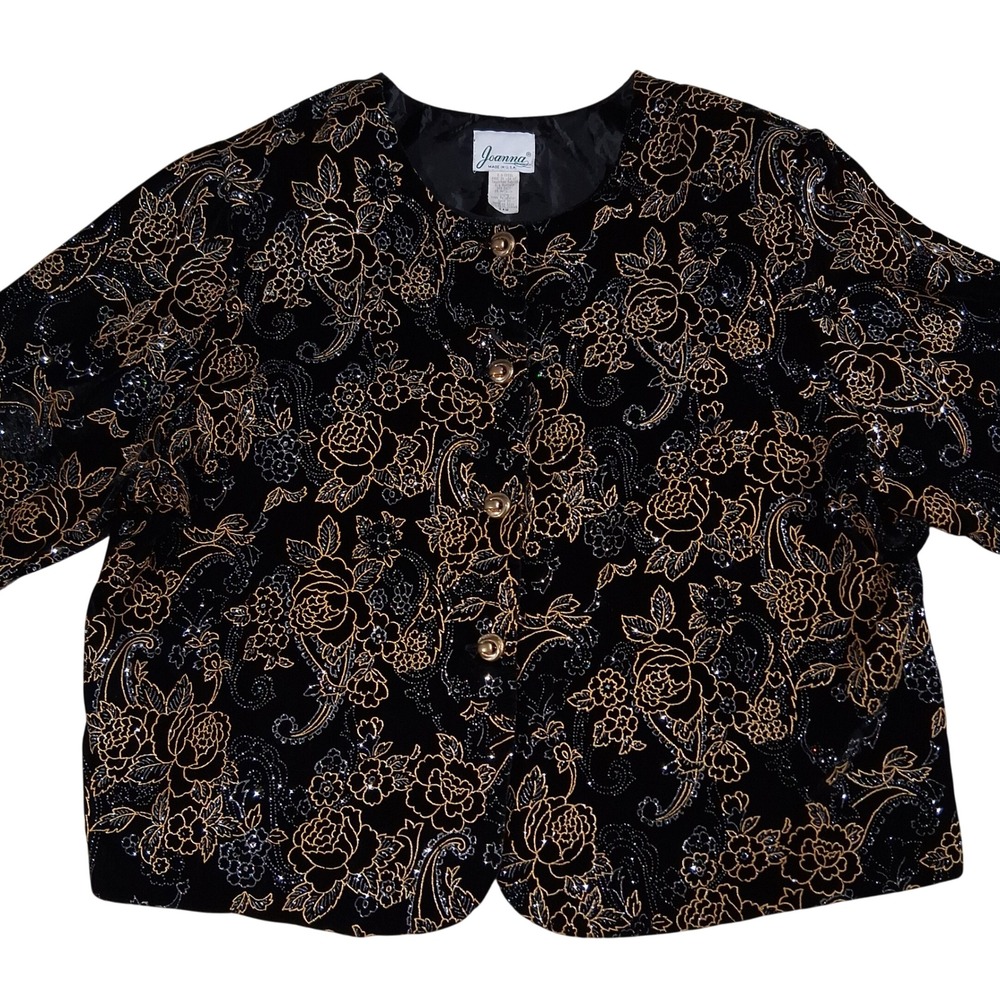Vintage Black Formal Velvet Evening Jacket Floral Metallic Gold Silver 24W Plus